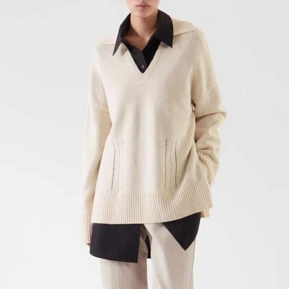 COS Cream‎ Wool Knitted V Neck Collared Jumper Sweater M​​​​